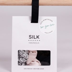 Silk Magnolia. Scrunchies 3 Pack – Black, Peony Pink And Spotty Dots