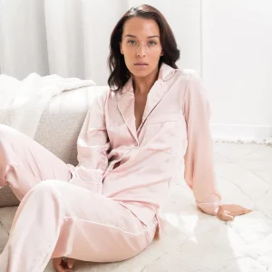Papinelle  – Sylvie Silk Piped Full Length Pj  – Peony-pink
