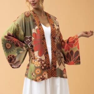 70s Kaleidoscope Floral Kimono Jacket In Sage