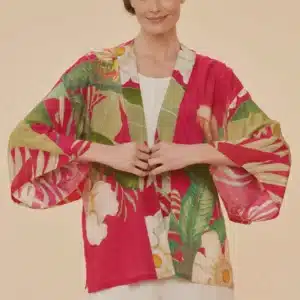 Powder Delicate Tropical Kimono Jacket In Dark Rose