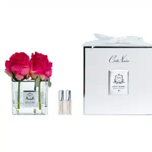 Cote Noire  Couture Perfumed Natural Touch 4 Rose Buds – Square Clear Vase Sliver & Magenta