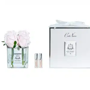 Cote Noire  Couture Perfumed Natural Touch 4 Rose Buds – Square Clear Vase Silver & French Pink