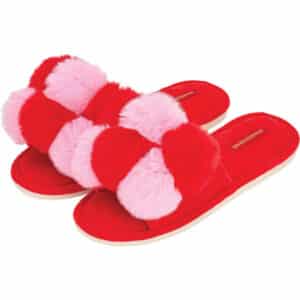 Pom Pom Slippers – Cosy Luxe – Checker Cherry   Med/ Large