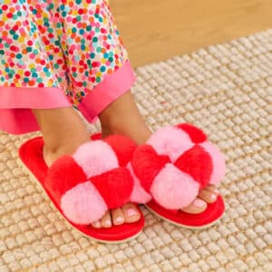 Pom Pom Slippers – Cosy Luxe – Checker Cherry   Med/ Large