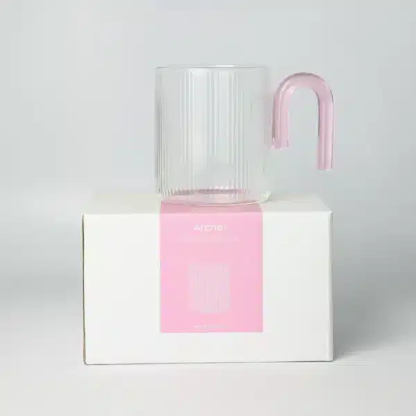 Archer Ribbed Glass Cup.    Clear / Taffy Pink
