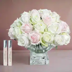 Cote Noire  ** New ** Cote Noire Luxury Centrepiece 37 Rose Bud Bouquet – Pink, Green & White – Silver Badge