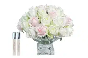 COTE NOIRE  ** NEW ** COTE NOIRE LUXURY CENTREPIECE 37 ROSE BUD BOUQUET - PINK, GREEN & WHITE - SILVER BADGE