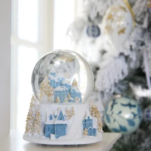 12 Cm Musical Blue And White Village Snow Globe